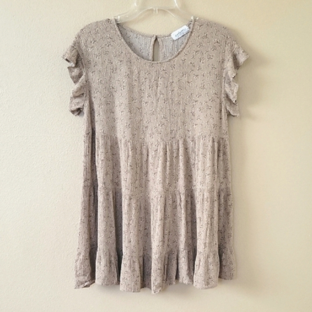 Carly Jean Los Angeles Taupe Floral Babydoll Mini Dress - Size Medium